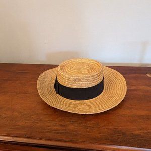 Vintage Bloomingdale's Women's 100% Straw Hat  L Black Bow Accent Made in Italy